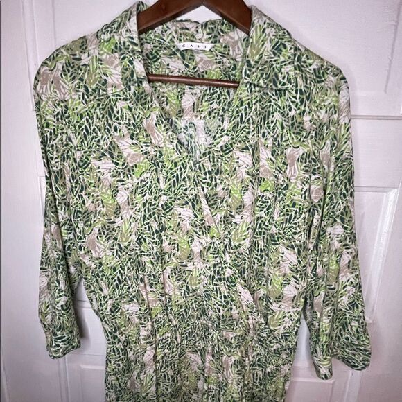 Cabi Womens Green Leaf Print 3/4 Sleeve V Neck Faux Wrap Dress - Picture 3 of 11